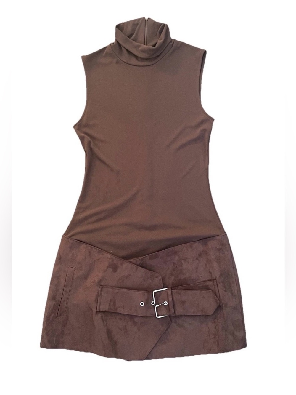 Zara Brown Sleeveless Turtleneck Belted Mini Dress